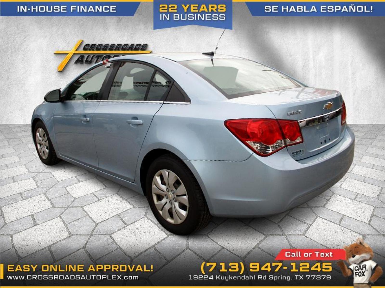 2012 BLUE CHEVROLET CRUZE 2LS (1G1PC5SH0C7) with an 1.8L L4 DOHC 16V FFV engine, 6-SPEED AUTOMATIC transmission, located at 19224 Kuykendahl Rd, Spring, TX, 77379, (713) 947-1245, 30.049259, -95.491402 - We offer in house financing in addition to a variety of finance options to cater to your specific needs. Our friendly sales professionals are standing by, ready to help you drive out today. Come see the difference here at Crossroads Autoplex, where we treat everyone like family. Call today at 713-9 - Photo #2