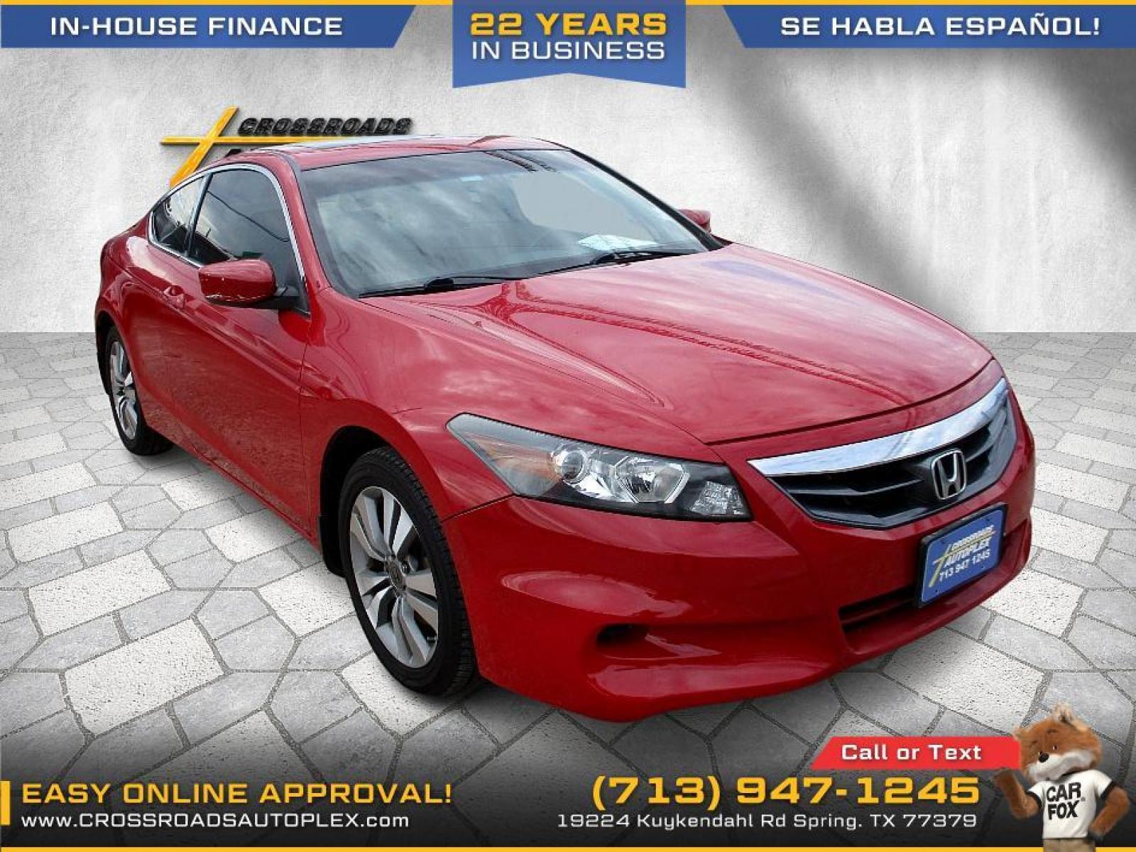 2011 RED HONDA ACCORD EX Coupe AT (1HGCS1B75BA) with an 2.4L L4 DOHC 16V engine, 5-SPEED AUTOMATIC transmission, located at 19224 Kuykendahl Rd, Spring, TX, 77379, (713) 947-1245, 30.049259, -95.491402 - We offer in house financing in addition to a variety of finance options to cater to your specific needs. Our friendly sales professionals are standing by, ready to help you drive out today. Come see the difference here at Crossroads Autoplex, where we treat everyone like family. Call today at 713-9 - Photo #0