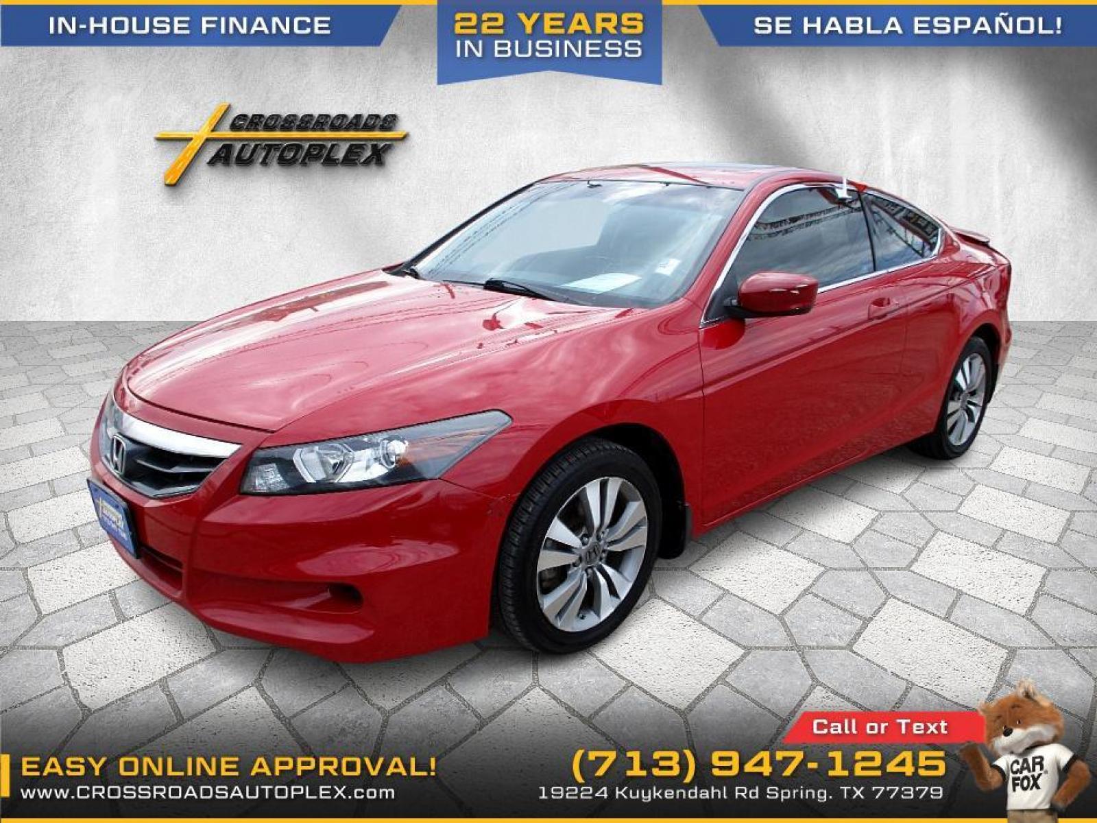 2011 RED HONDA ACCORD EX Coupe AT (1HGCS1B75BA) with an 2.4L L4 DOHC 16V engine, 5-SPEED AUTOMATIC transmission, located at 19224 Kuykendahl Rd, Spring, TX, 77379, (713) 947-1245, 30.049259, -95.491402 - We offer in house financing in addition to a variety of finance options to cater to your specific needs. Our friendly sales professionals are standing by, ready to help you drive out today. Come see the difference here at Crossroads Autoplex, where we treat everyone like family. Call today at 713-9 - Photo #1