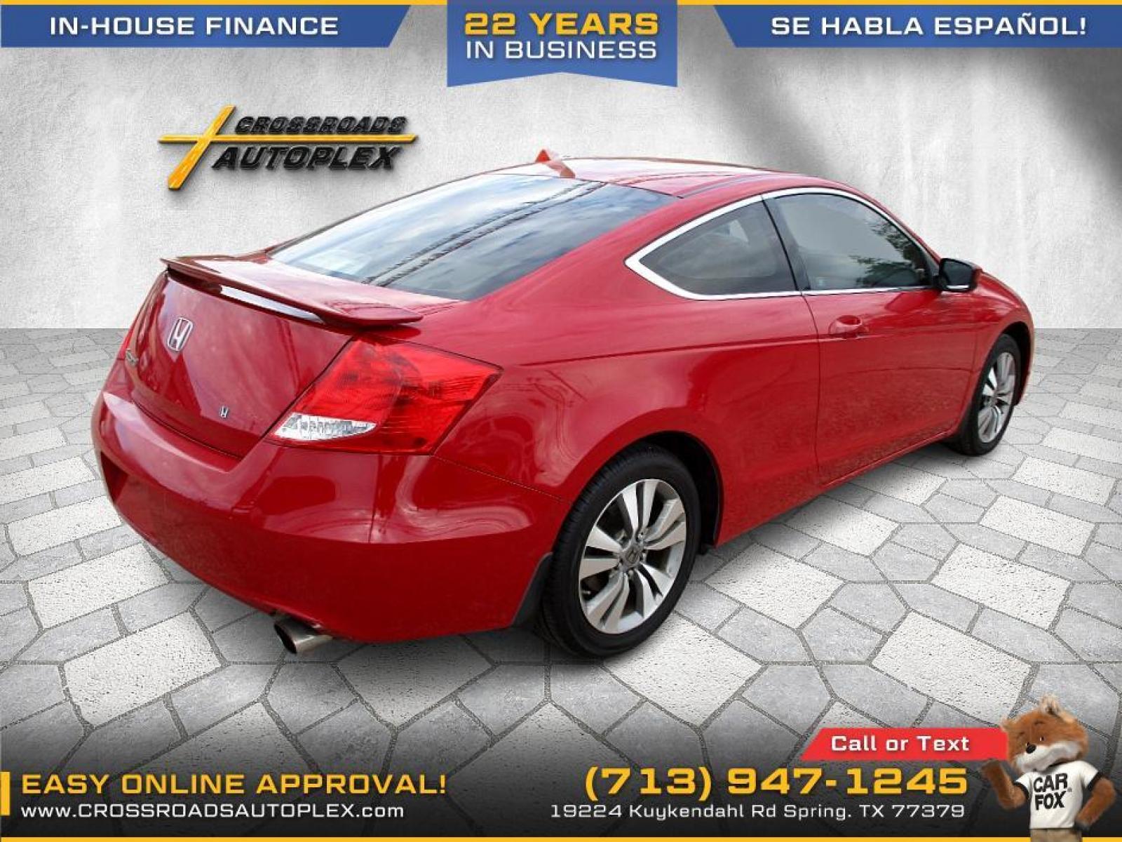 2011 RED HONDA ACCORD EX Coupe AT (1HGCS1B75BA) with an 2.4L L4 DOHC 16V engine, 5-SPEED AUTOMATIC transmission, located at 19224 Kuykendahl Rd, Spring, TX, 77379, (713) 947-1245, 30.049259, -95.491402 - We offer in house financing in addition to a variety of finance options to cater to your specific needs. Our friendly sales professionals are standing by, ready to help you drive out today. Come see the difference here at Crossroads Autoplex, where we treat everyone like family. Call today at 713-9 - Photo #3