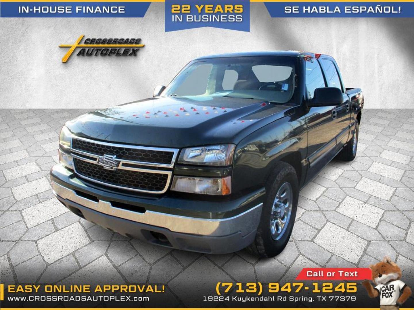 2006 GREEN CHEVROLET SILVERADO 1500 LS2 Crew Cab 2WD (2GCEC13Z361) with an 5.3L V8 OHV 16V FFV engine, 4-SPEED AUTOMATIC transmission, located at 19224 Kuykendahl Rd, Spring, TX, 77379, (713) 947-1245, 30.049259, -95.491402 - NEW ARRIVAL CHEVROLET SILVERADO CREW CAB PICKUP!! THIS IS A MUST SEE, 4DR CREW CAB, CLOTH INTERIOR WITH NO STAINS AND CUTS, GREAT MILEAGE, ENGINE AND TRANSMISSION RUNS SMOOTH AND FUNCTIONS PROPERLY, ICE COLD A/C, PASSED OUR MULTI-POINT INSPECTION AND READY FOR DELIVERY! ALMOST NEW TIRES AND EXTERIOR - Photo#0