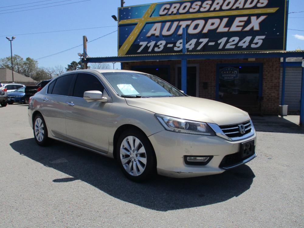 2013 GOLD /BEIGE Honda Accord EX-L Sedan CVT (1HGCR2F8XDA) with an 2.4L L4 DOHC 16V engine, Continuously Variable Transmission transmission, located at 310 Spencer Hwy, South Houston, TX, 77587, (713) 947-1245, 29.664383, -95.228897 - This Honda Accord is a great example of leading-edge combination of killer looks, next-big-thing technology and huge driving fun. The accord embodies our safety for everyone philosophy. Bottom line is it is clean with a lot of options, it's safe with our 24-point multi-inspection by our ASE Certifie - Photo #0