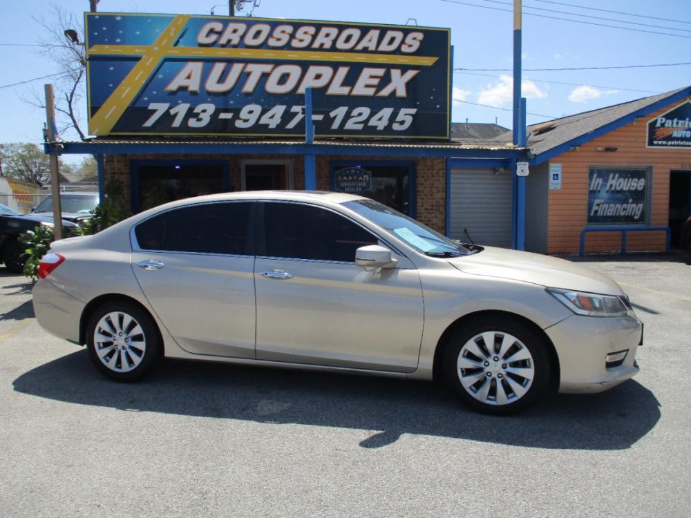 2013 GOLD /BEIGE Honda Accord EX-L Sedan CVT (1HGCR2F8XDA) with an 2.4L L4 DOHC 16V engine, Continuously Variable Transmission transmission, located at 310 Spencer Hwy, South Houston, TX, 77587, (713) 947-1245, 29.664383, -95.228897 - This Honda Accord is a great example of leading-edge combination of killer looks, next-big-thing technology and huge driving fun. The accord embodies our safety for everyone philosophy. Bottom line is it is clean with a lot of options, it's safe with our 24-point multi-inspection by our ASE Certifie - Photo #1