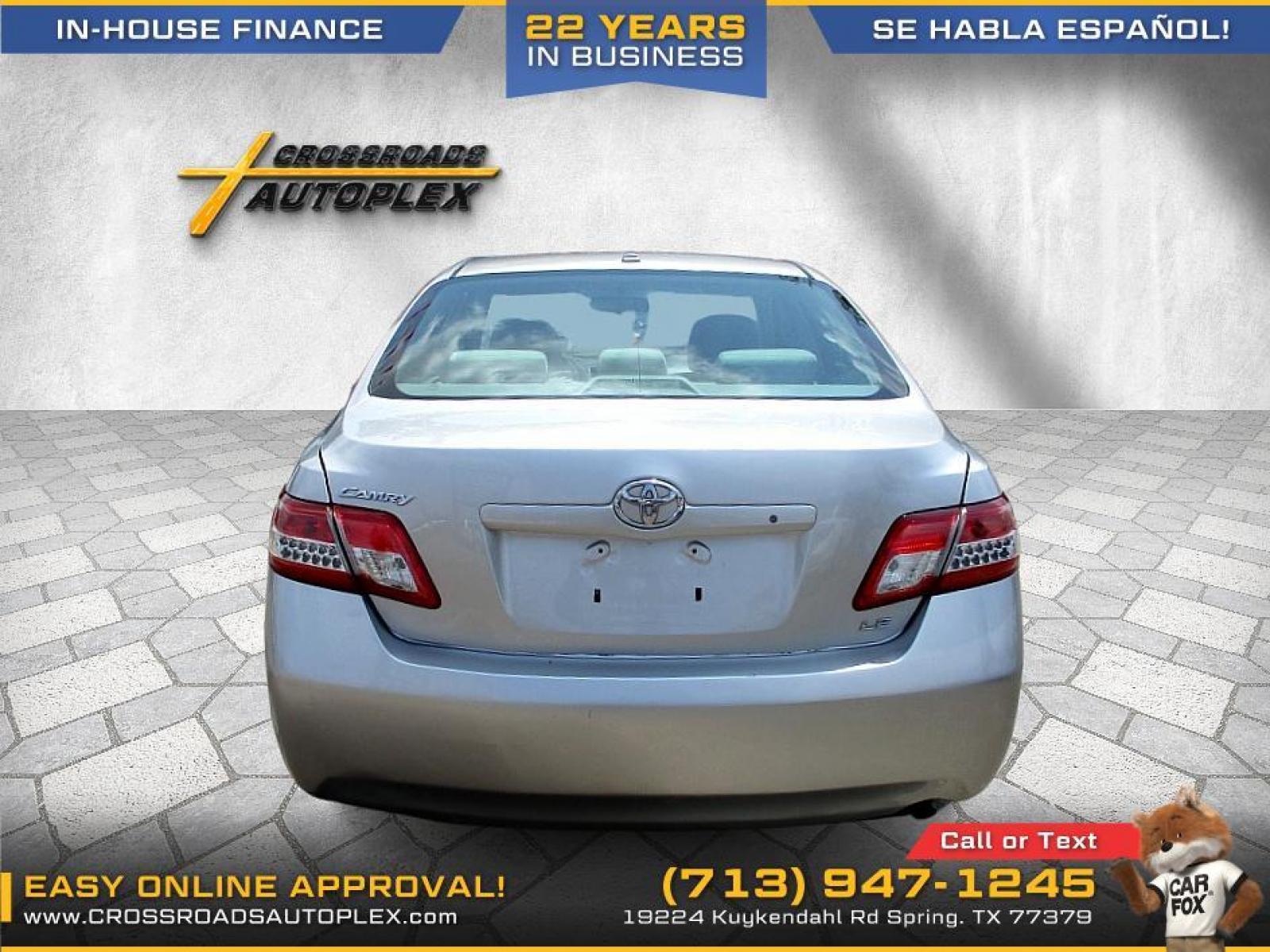 2010 SILVER TOYOTA CAMRY LE 6-Spd AT (4T1BF3EK3AU) with an 2.5L L4 DOHC 16V engine, 6-SPEED AUTOMATIC transmission, located at 19224 Kuykendahl Rd, Spring, TX, 77379, (713) 947-1245, 30.049259, -95.491402 - We offer in house financing in addition to a variety of finance options to cater to your specific needs. Our friendly sales professionals are standing by, ready to help you drive out today. Come see the difference here at Crossroads Autoplex, where we treat everyone like family. Call today at 713-94 - Photo #3