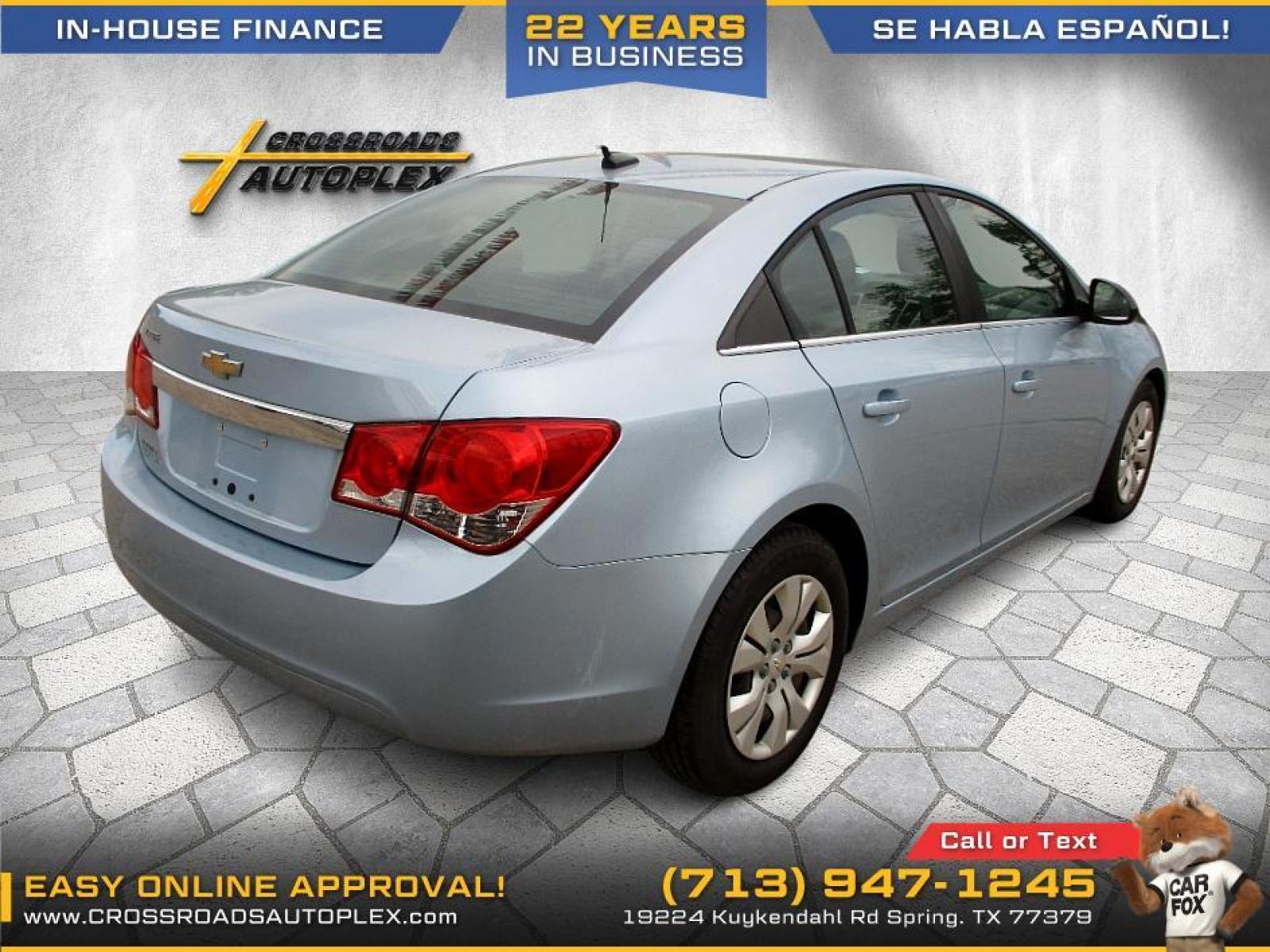 2012 BLUE CHEVROLET CRUZE 2LS (1G1PC5SH0C7) with an 1.8L L4 DOHC 16V FFV engine, 6-SPEED AUTOMATIC transmission, located at 19224 Kuykendahl Rd, Spring, TX, 77379, (713) 947-1245, 30.049259, -95.491402 - We offer in house financing in addition to a variety of finance options to cater to your specific needs. Our friendly sales professionals are standing by, ready to help you drive out today. Come see the difference here at Crossroads Autoplex, where we treat everyone like family. Call today at 713-9 - Photo #3