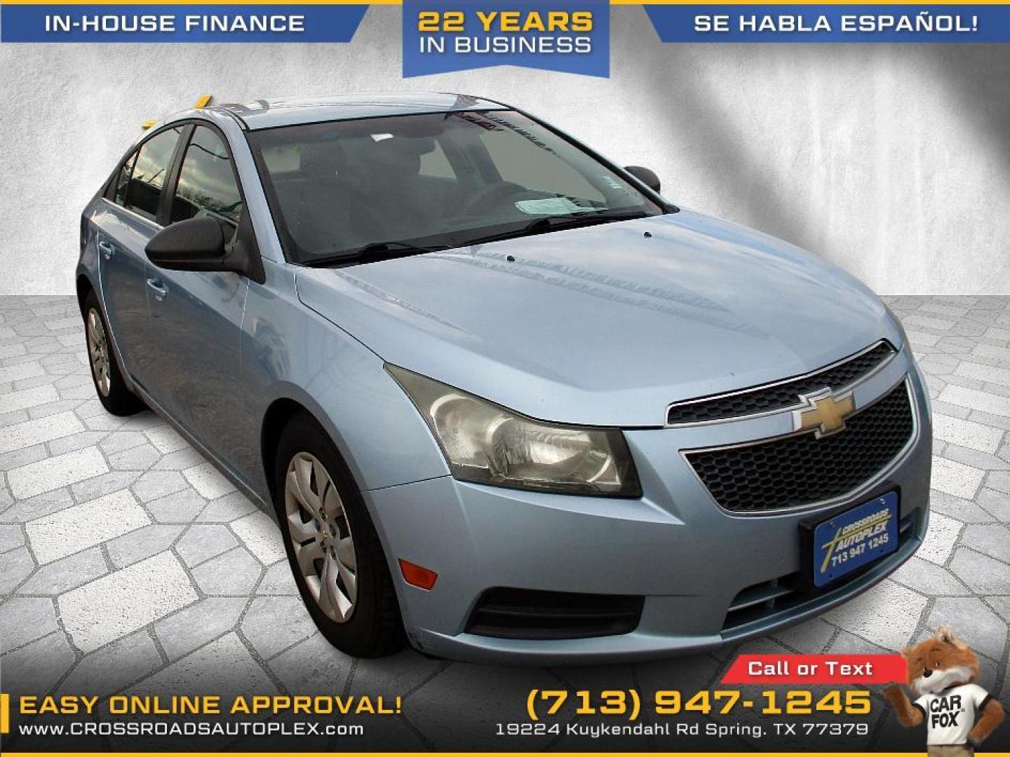 2012 BLUE CHEVROLET CRUZE 2LS (1G1PC5SH0C7) with an 1.8L L4 DOHC 16V FFV engine, 6-SPEED AUTOMATIC transmission, located at 19224 Kuykendahl Rd, Spring, TX, 77379, (713) 947-1245, 30.049259, -95.491402 - We offer in house financing in addition to a variety of finance options to cater to your specific needs. Our friendly sales professionals are standing by, ready to help you drive out today. Come see the difference here at Crossroads Autoplex, where we treat everyone like family. Call today at 713-9 - Photo#0