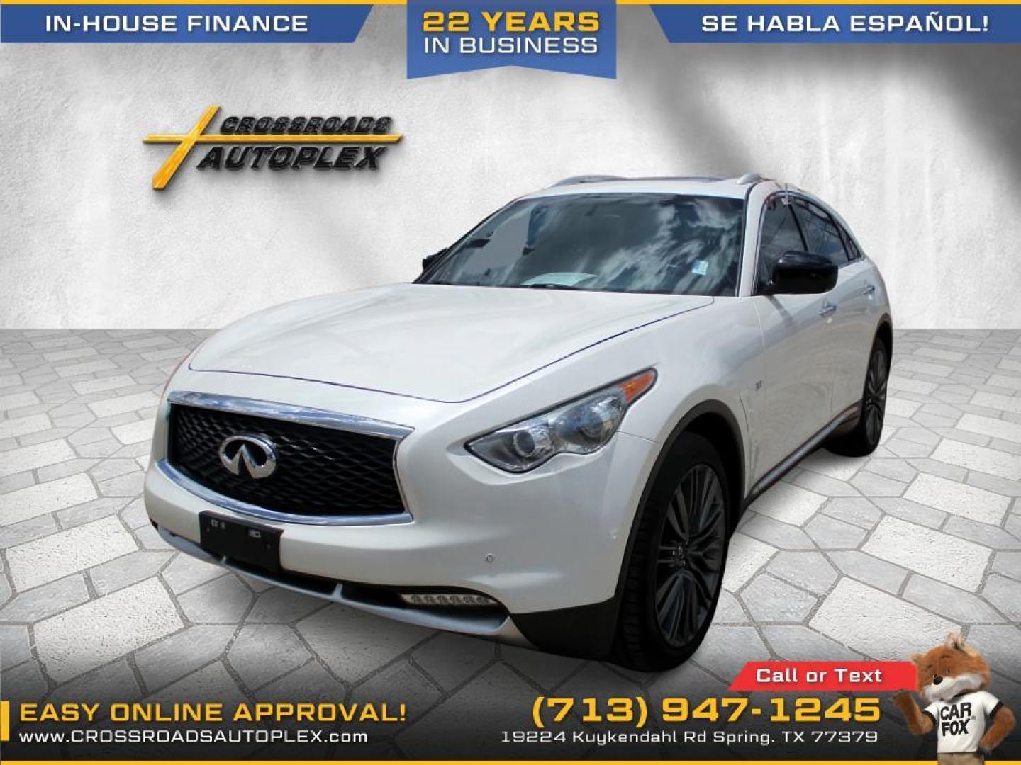 2017 WHITE /BLACK INFINITI QX70 Base (JN8CS1MU5HM) with an 3.7L V6 DOHC 24V engine, 7-SPEED AUTOMATIC transmission, located at 19224 Kuykendahl Rd, Spring, TX, 77379, (713) 947-1245, 30.049259, -95.491402 - WE IN HOUSE FINANCE, CALL US AT 713.947.1245 - Photo#0