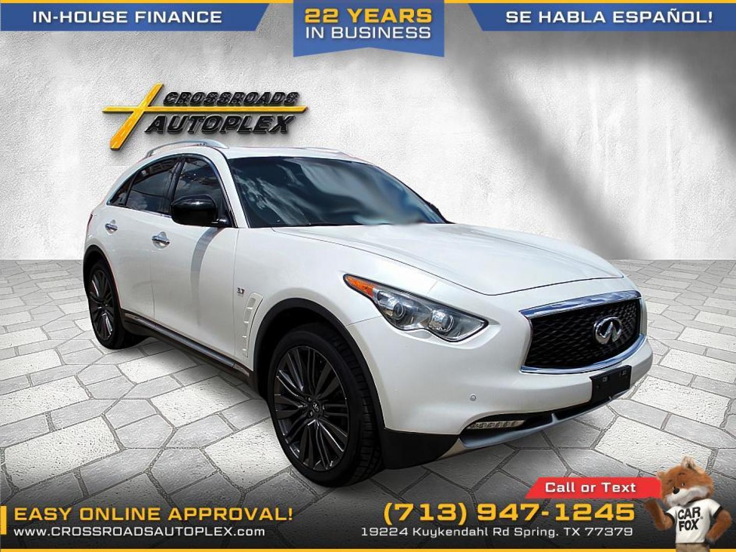 2017 WHITE /BLACK INFINITI QX70 Base (JN8CS1MU5HM) with an 3.7L V6 DOHC 24V engine, 7-SPEED AUTOMATIC transmission, located at 19224 Kuykendahl Rd, Spring, TX, 77379, (713) 947-1245, 30.049259, -95.491402 - WE IN HOUSE FINANCE, CALL US AT 713.947.1245 - Photo#4