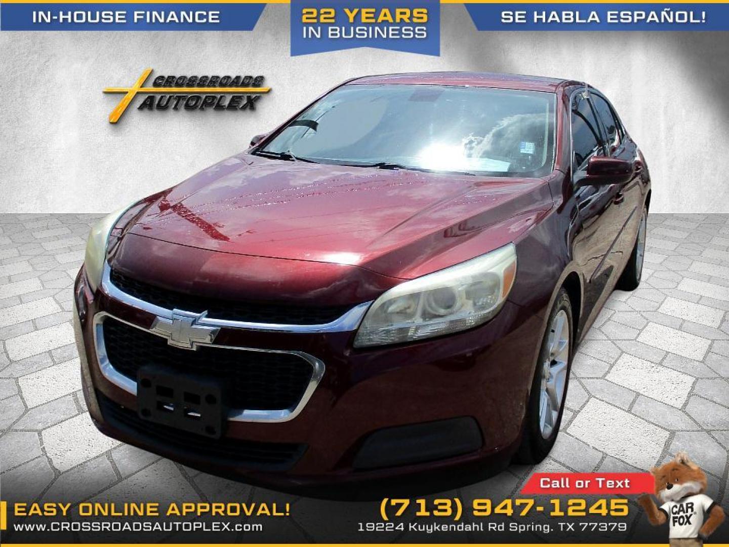 2015 MAROON /BLACK CHEVROLET MALIBU 1LT (1G11C5SL6FF) with an 2.5L L4 DOHC 16V engine, 6-SPEED AUTOMATIC transmission, located at 19224 Kuykendahl Rd, Spring, TX, 77379, (713) 947-1245, 30.049259, -95.491402 - WE IN HOUSE FINANCE, CALL US AT 713-947-1245 - Photo#1