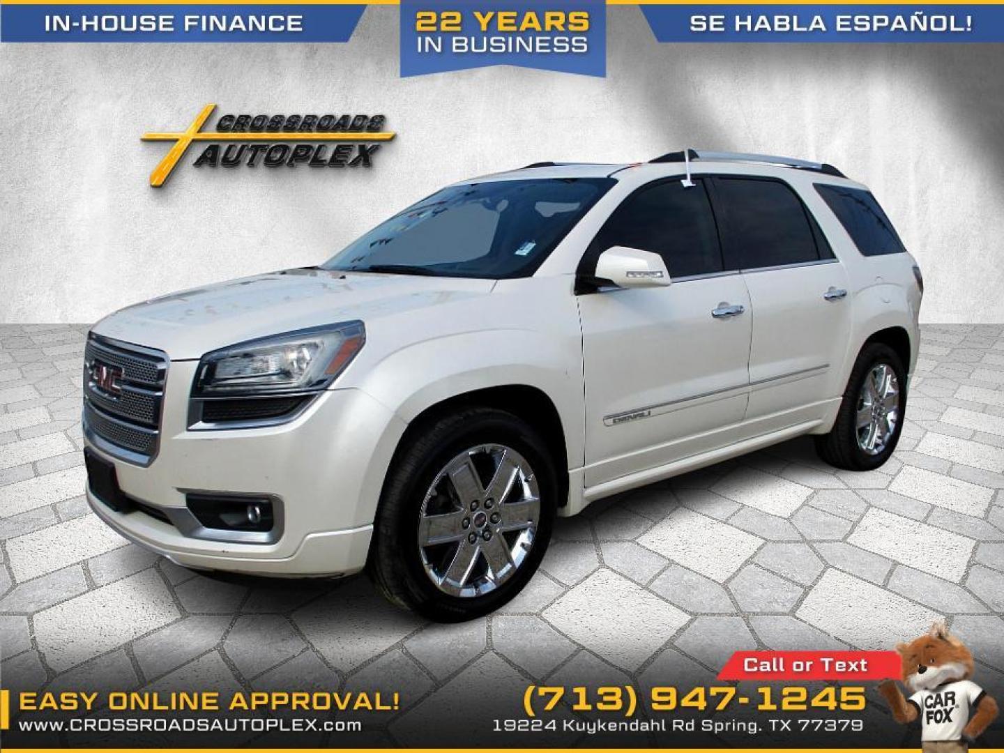 2014 WHITE /TAN GMC ACADIA Denali FWD (1GKKRTKDXEJ) with an 3.6L V6 DOHC 24V engine, 6-SPEED AUTOMATIC transmission, located at 19224 Kuykendahl Rd, Spring, TX, 77379, (713) 947-1245, 30.049259, -95.491402 - ***************************** NEW ARRIVAL 2014 GMC ACADIA ******************************** This 2014 GMC Acadia is the complete package! It brings the SUV fan and luxury together as one! Today GMC lets you have luxury without having to sacrifice your space! This mid-size SUV has great appeal an - Photo#0