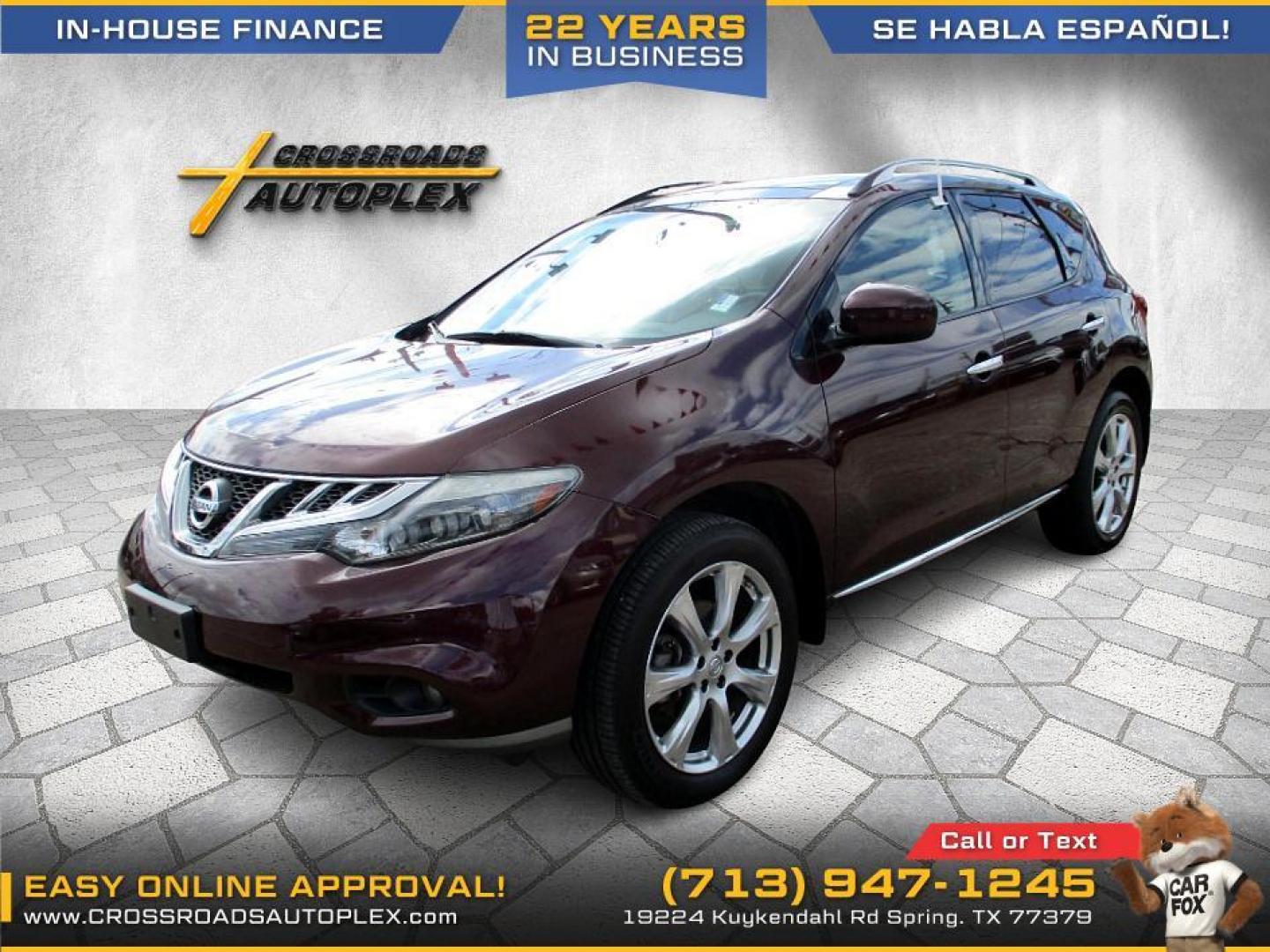 2014 MAROON /TAN NISSAN MURANO S (JN8AZ1MU1EW) with an 3.5L V6 DOHC 24V engine, CVT transmission, located at 19224 Kuykendahl Rd, Spring, TX, 77379, (713) 947-1245, 30.049259, -95.491402 - This 2014 Murano leads with innovation. It follows through with devotion to the smallest detail. An unmistakable exterior draws you in. The interior creates a very personal environment. 265 hp, an intelligent (Continuously Variable Transmission) and Intuitive ALL-Wheel Drive give refined, confident - Photo#2