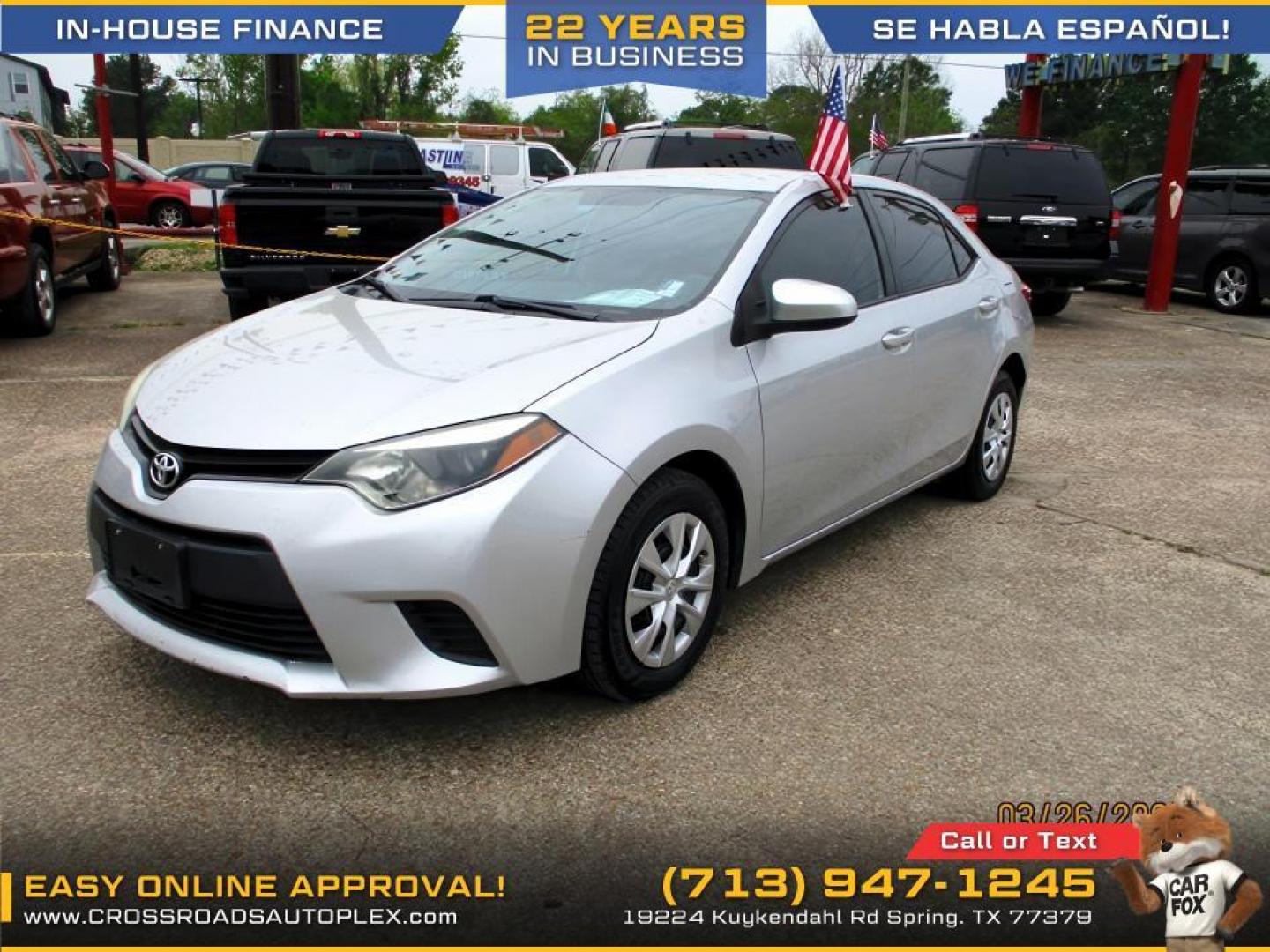 2015 SILVER /GRAY TOYOTA COROLLA L 4-Speed AT (5YFBURHE2FP) with an 1.8L L4 DOHC 16V engine, 4-SPEED AUTOMATIC transmission, located at 19224 Kuykendahl Rd, Spring, TX, 77379, (713) 947-1245, 30.049259, -95.491402 - Photo#2