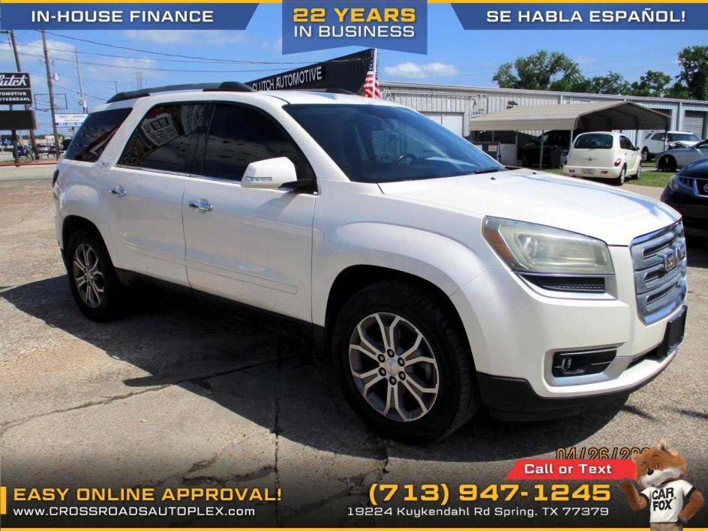 2013 WHITE /GRAY GMC ACADIA SLT-1 FWD (1GKKRRKD5DJ) with an 3.6L V6 DOHC 24V engine, 6-SPEED AUTOMATIC transmission, located at 19224 Kuykendahl Rd, Spring, TX, 77379, (713) 947-1245, 30.049259, -95.491402 - Photo#4