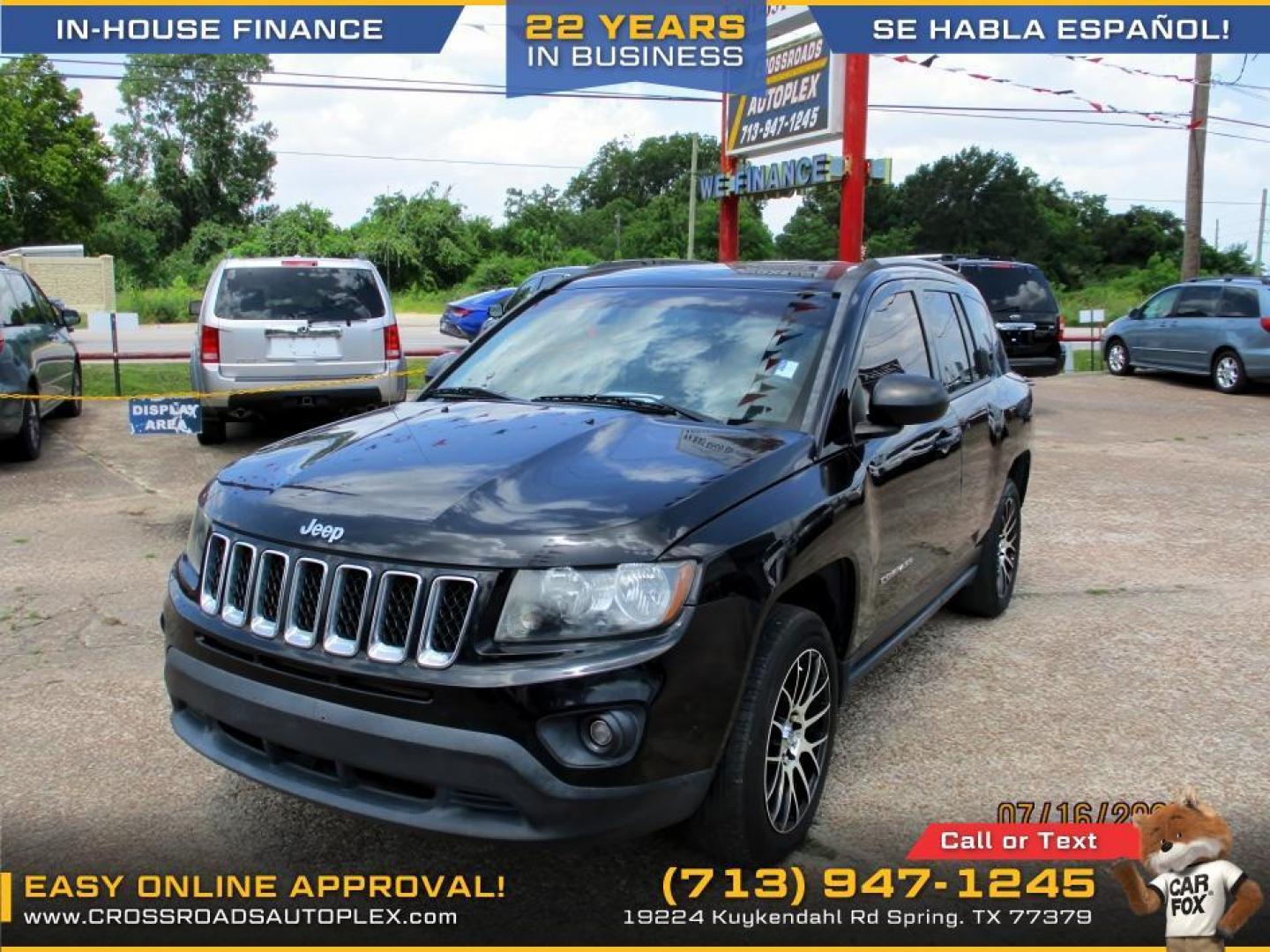 2016 BLACK /GRAY JEEP COMPASS Sport FWD (1C4NJCBA0GD) with an 2.0L L4 DOHC 16V engine, CVT OR 5-SPEED MANUAL transmission, located at 19224 Kuykendahl Rd, Spring, TX, 77379, (713) 947-1245, 30.049259, -95.491402 - Photo#0